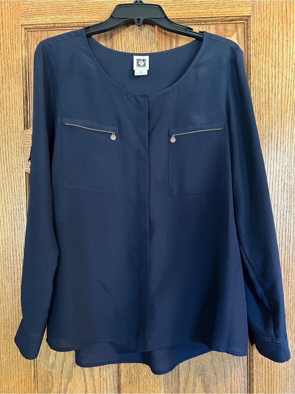 Anne Klein Navy Blouse with Gold Accents, Women’s Size Medium